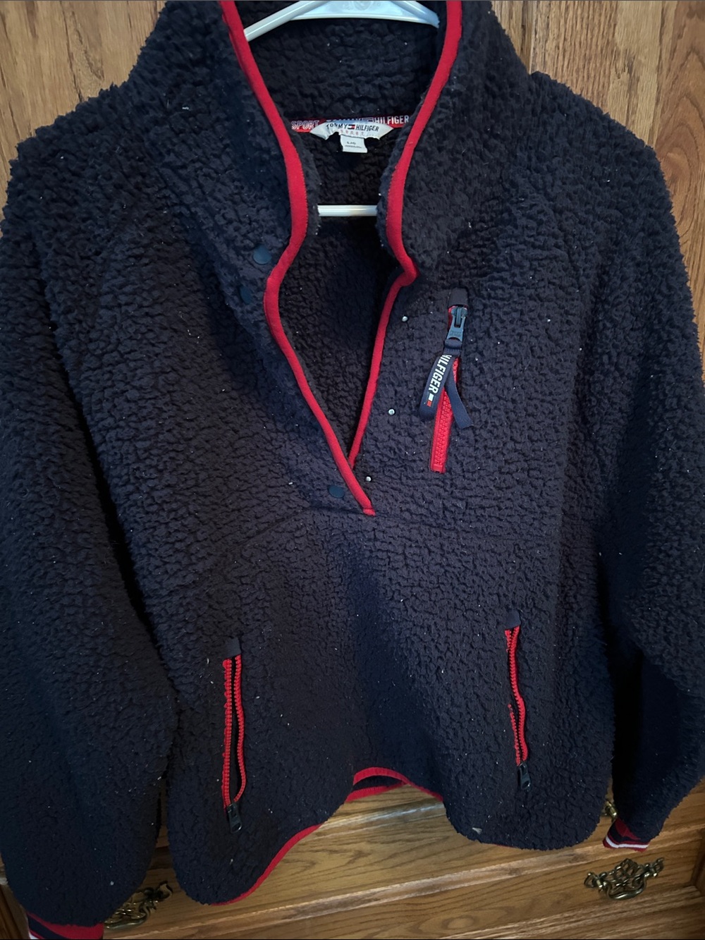 Tommy Hilfiger Black Sherpa snap up Sweater Red Trim and woman’s